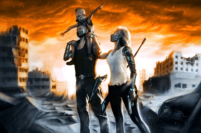 Family in a post-apocalyptic city