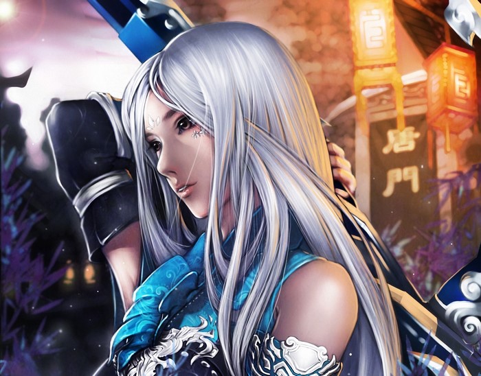 Anime warrior with white hair and blue armor