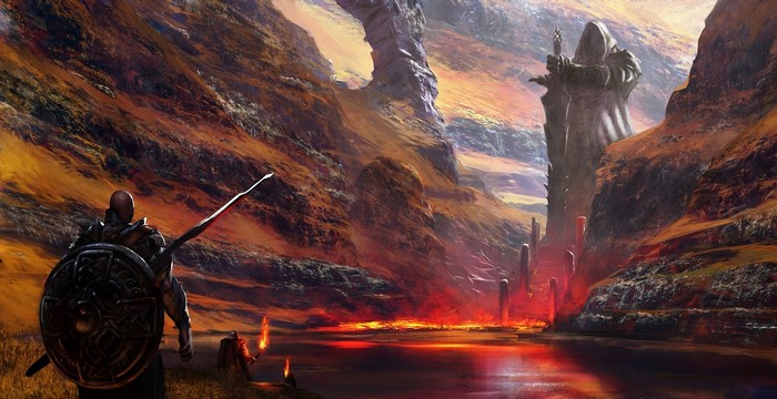 Warrior with shield and spear in a volcanic canyon with a statue