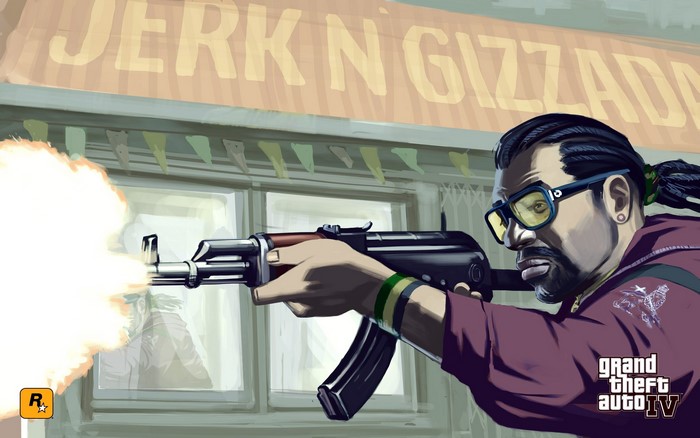 Man firing an assault rifle in Grand Theft Auto IV