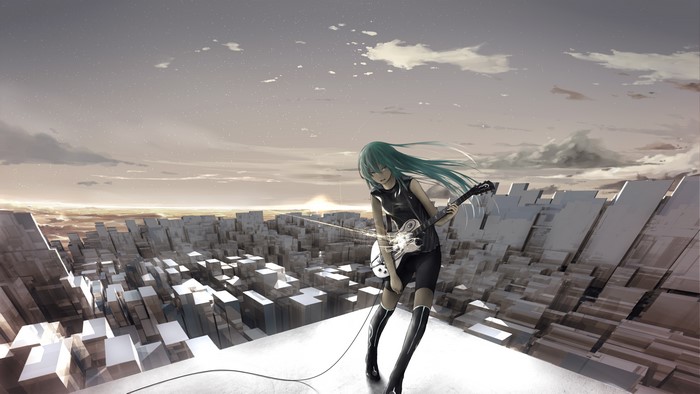 Vocaloid girl with guitar in futuristic city