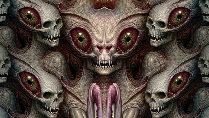 Surreal horror collage of monstrous skulls and eyes