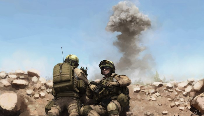 Soldiers in a trench with explosion in the background