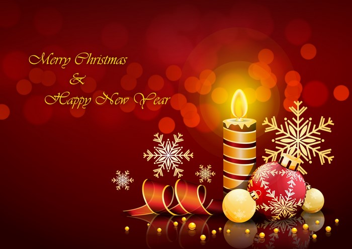 Merry Christmas and Happy New Year Candle and Ornaments