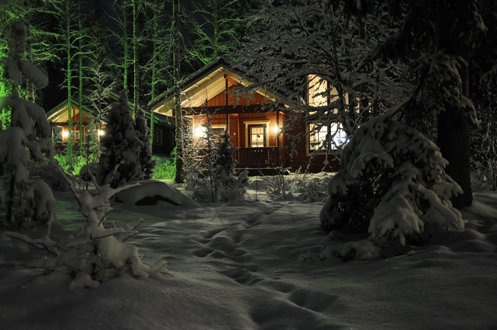 Cozy cabins in a snowy forest at night