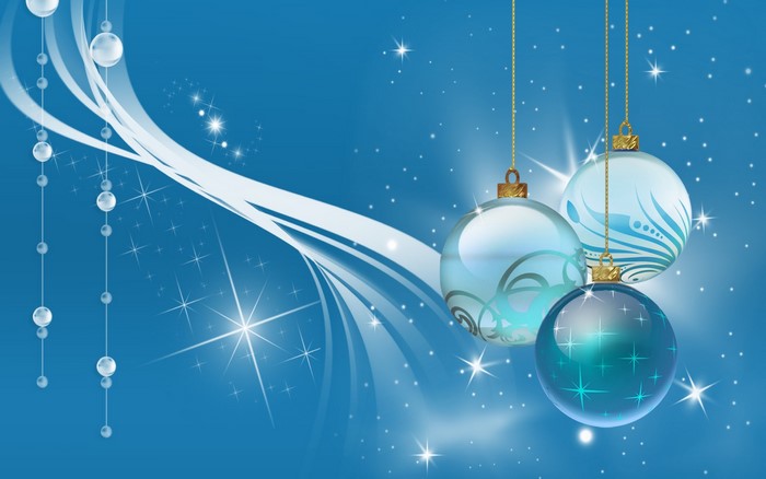 Christmas ornaments with blue background and white swirls
