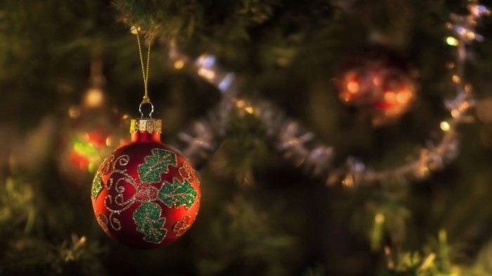 Red Christmas Ornament with Green Design on Tree