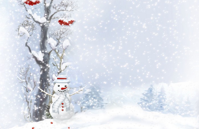 Snowman in a snowy forest with red berries