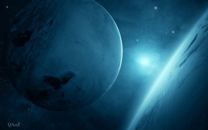 Two planets in space with a bright star