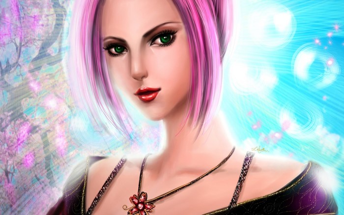 Woman with pink hair and green eyes wearing a necklace