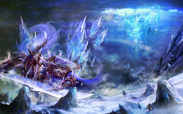 Ice monster with horns and armor on a snowy landscape