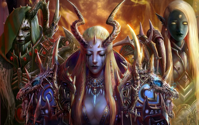 Demonic figures with horns and armor