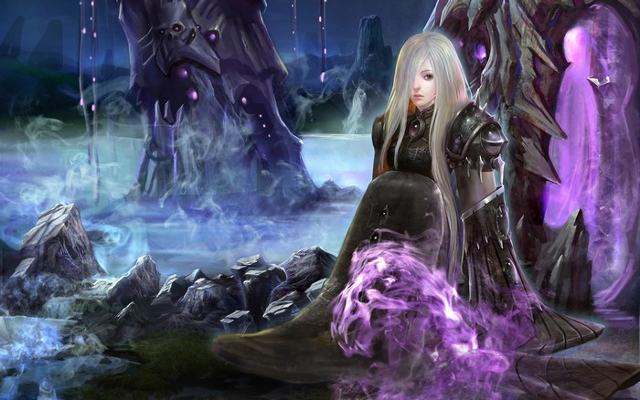 Woman with white hair and armor in a mystical landscape