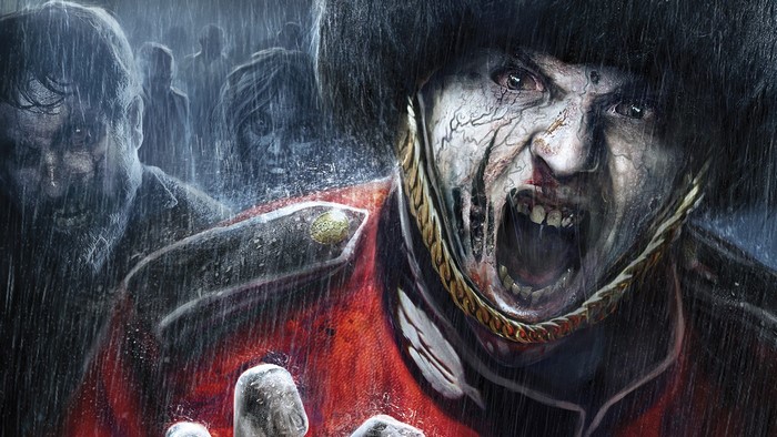 Zombie soldier in red uniform in the rain