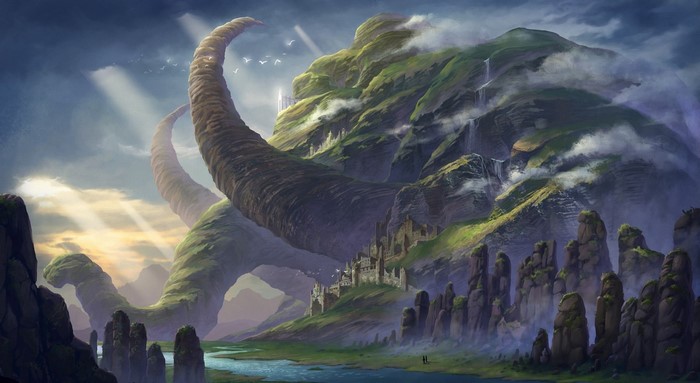 Fantasy landscape with giant horns and ancient ruins