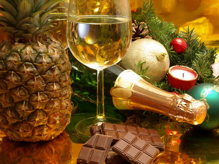 Champagne, Pineapple, Chocolate, and Christmas Decorations