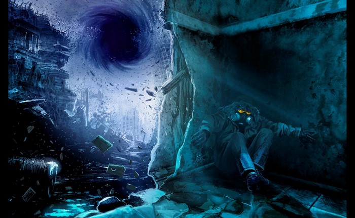 Romantically Apocalyptic character in a ruined city with a black hole