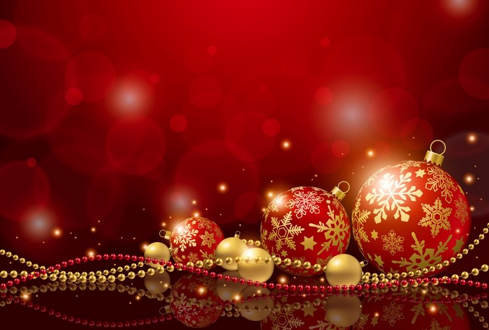 Christmas Ornaments and Beads on Red Background