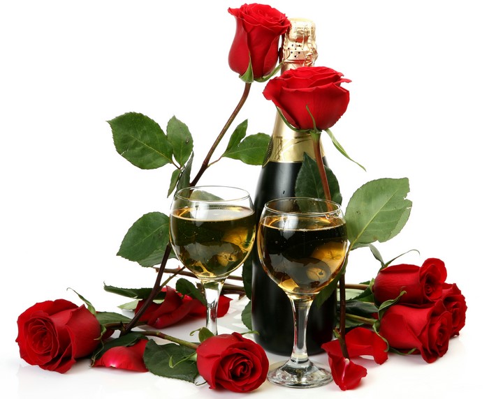 Champagne bottle with roses and wine glasses