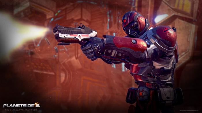PlanetSide 2 soldier firing a pistol