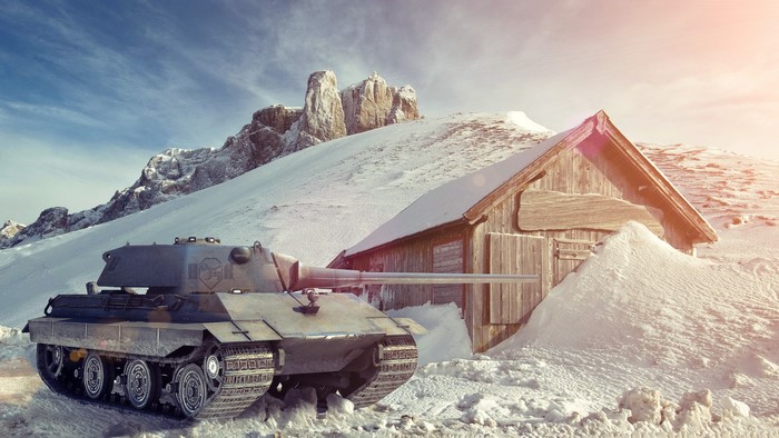 E50-M Tank in Snow near Wooden Cabin