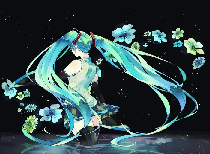 Hatsune Miku with blue and green flowers