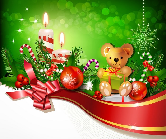 Christmas scene with teddy bear, candles, and ornaments