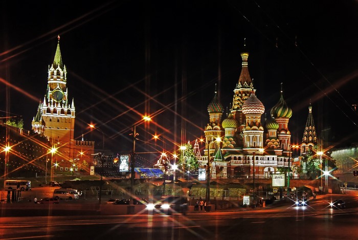 Saint Basil's Cathedral and Spasskaya Tower at Night