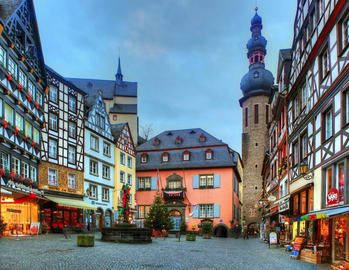 Cochem, Germany Town Square with Tower and Buildings