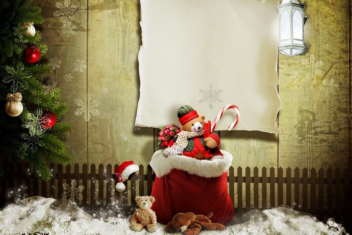 Christmas scene with teddy bear and gifts
