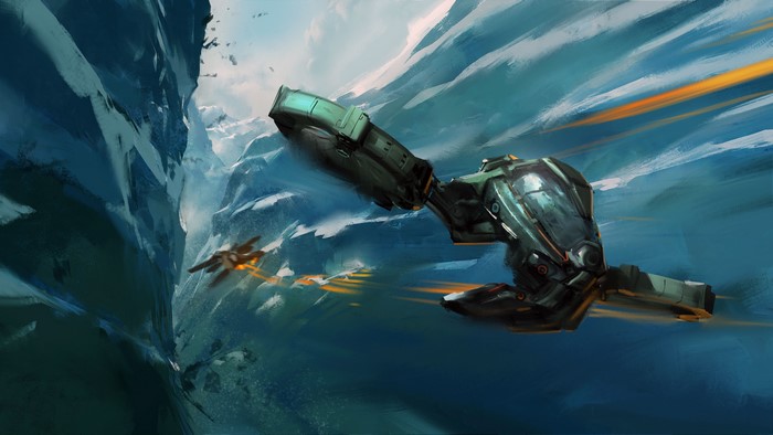 Spaceships flying through icy canyon