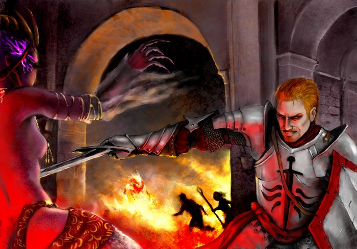 Dragon Age battle with knight and sorceress