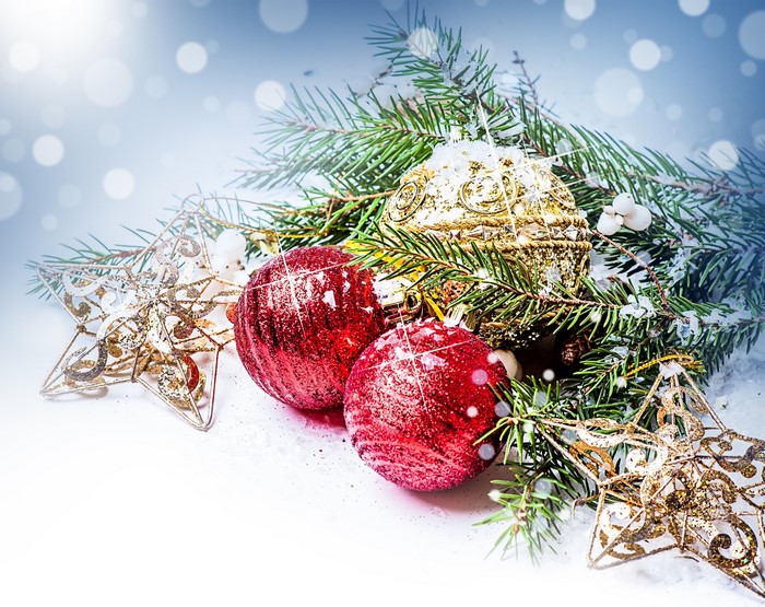 Christmas ornaments and pine branches