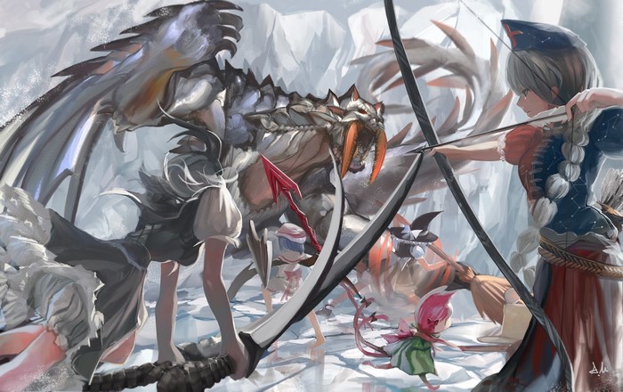 Warriors fighting a large beast with bows and swords