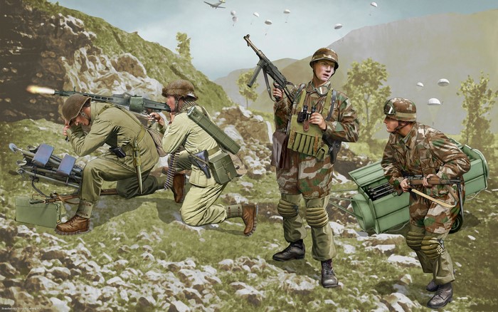 Soldiers operating machine guns during a battle