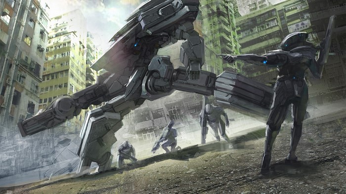 Giant Mech and Soldiers in Ruined City