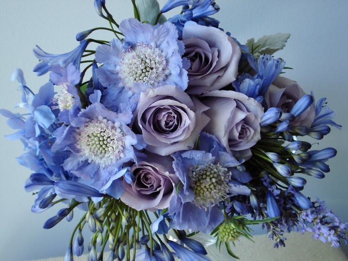 Purple Roses and Blue Flowers Bouquet