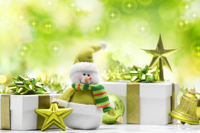 Christmas Snowman and Gifts with Green Bokeh