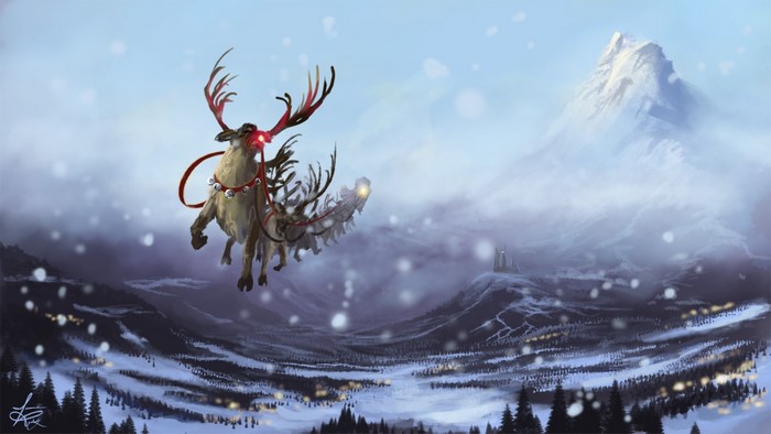 Santa's Reindeer Flying Over a Snowy Village