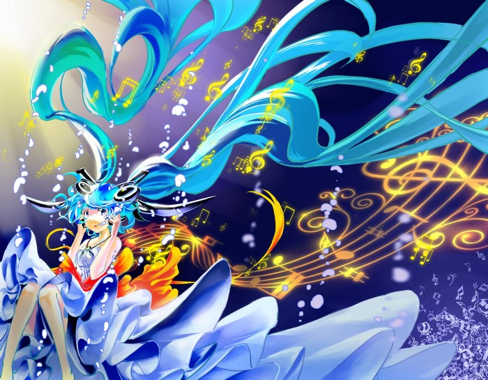 Hatsune Miku singing with musical notes