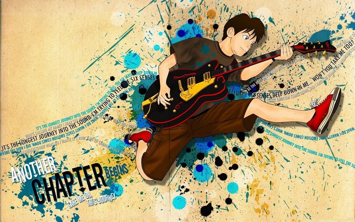 Young man playing guitar with abstract background