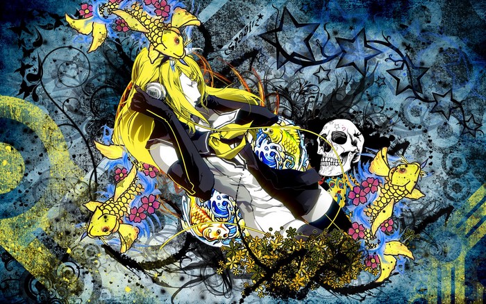 Girl with headphones and koi fish surrounded by skulls and stars