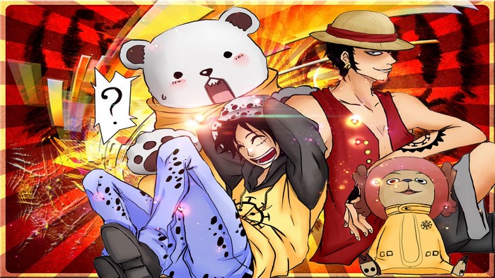 One Piece characters: Trafalgar Law, Monkey D. Luffy, and Tony Tony Chopper