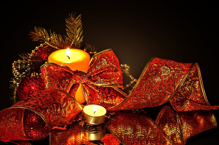 Christmas Candles with Red Ribbon and Ornaments