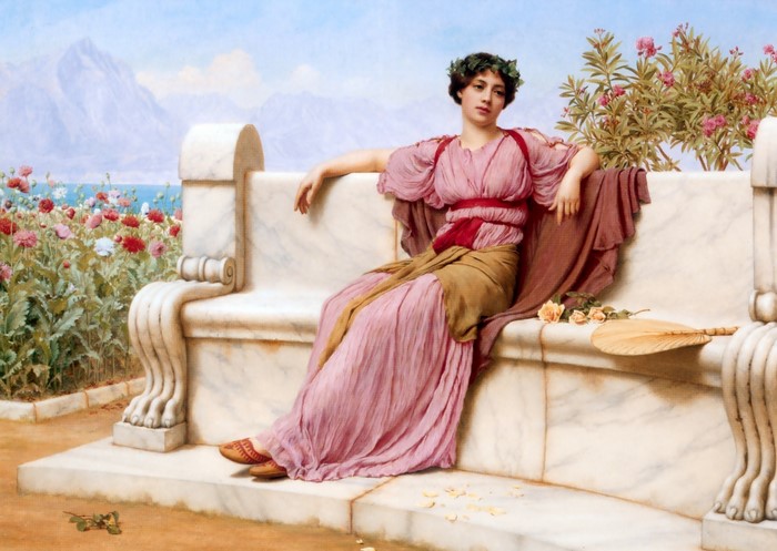 Woman in a pink dress sitting on a marble bench