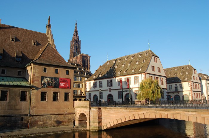 Strasbourg Cathedral and historic buildings over a canal