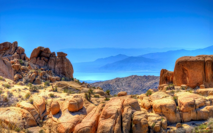 Desert landscape with rock formations and distant mountains