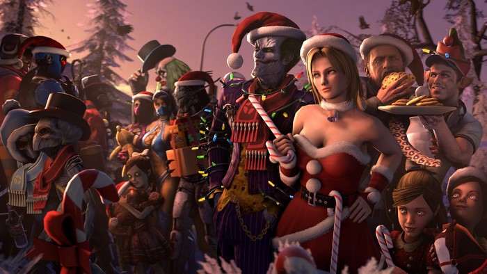 Group of characters in Christmas hats in a winter setting