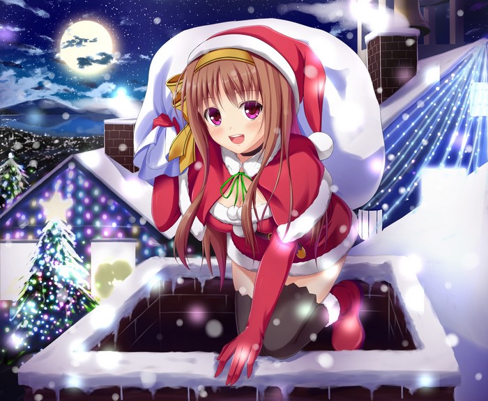 Anime girl in Santa costume on a snowy roof at night