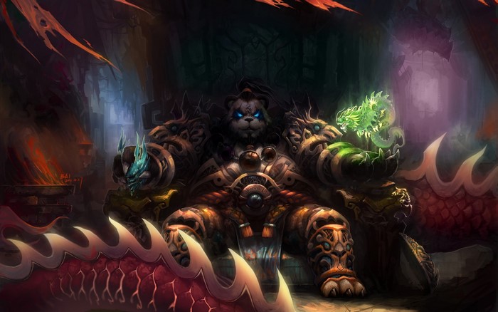 Pandaren Warrior from World of Warcraft holding a green dragon